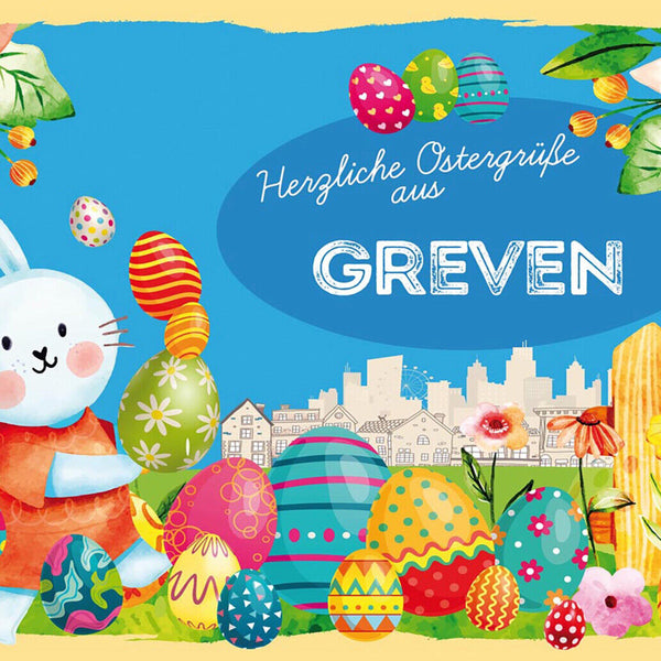 Schild Spruch Herzliche Ostergrüße aus Greven Osterhase Eier Comic JW