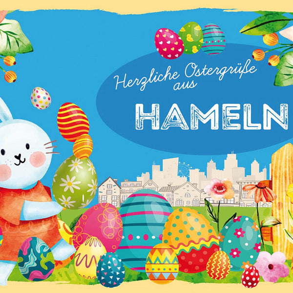Schild Spruch Herzliche Ostergrüße aus Hameln Osterhase Eier Comic JW