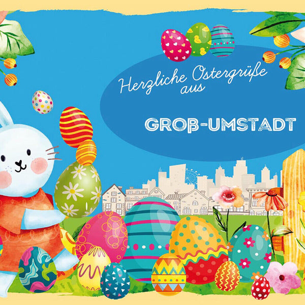 Schild Spruch Herzliche Ostergrüße aus Groß-Umstadt Osterhase Eier Comic JW
