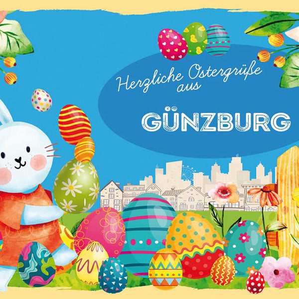 Schild Spruch Herzliche Ostergrüße aus Günzburg Osterhase Eier Comic JW