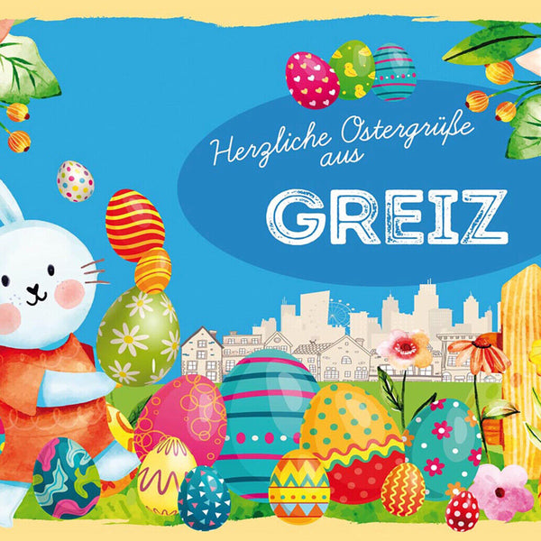Schild Spruch Herzliche Ostergrüße aus Greiz Osterhase Eier Comic JW