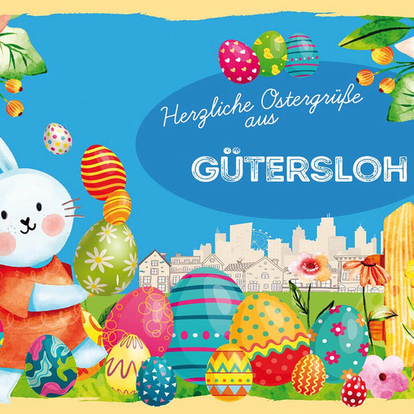 Schild Spruch Herzliche Ostergrüße aus Güterloh Osterhase Eier Comic JW