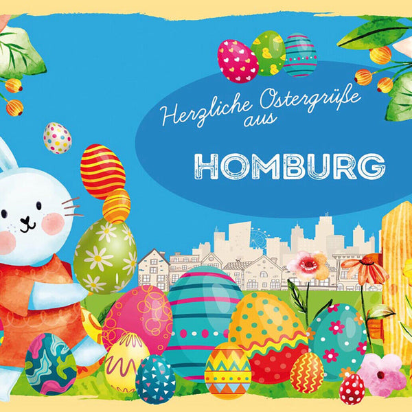 Schild Spruch Herzliche Ostergrüße aus Homburg Osterhase Eier Comic JW