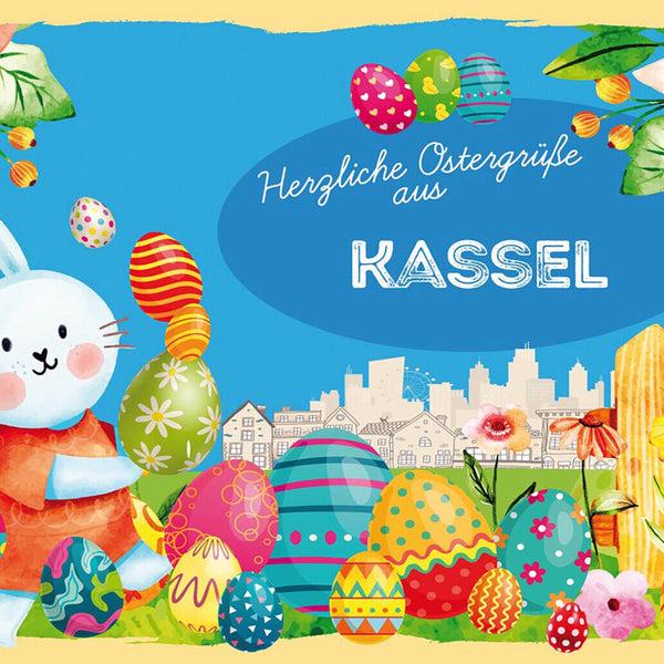 Schild Spruch Herzliche Ostergrüße aus Kassel Osterhase Eier Comic JW