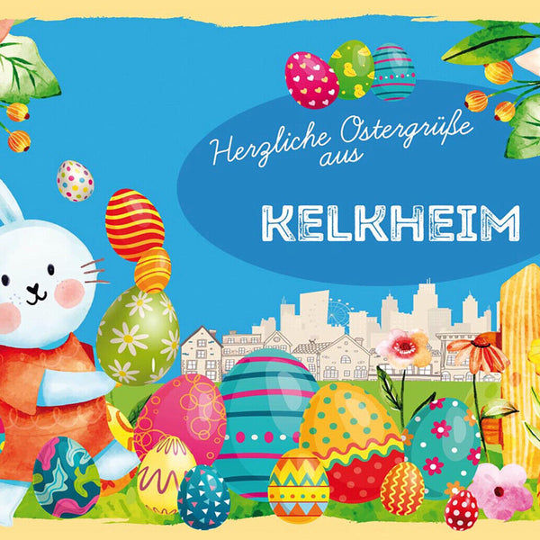 Schild Spruch Herzliche Ostergrüße aus Kelkheim Osterhase Eier Comic JW