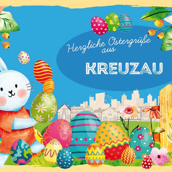 Schild Spruch Herzliche Ostergrüße aus Kreuzau Osterhase Eier Comic JW