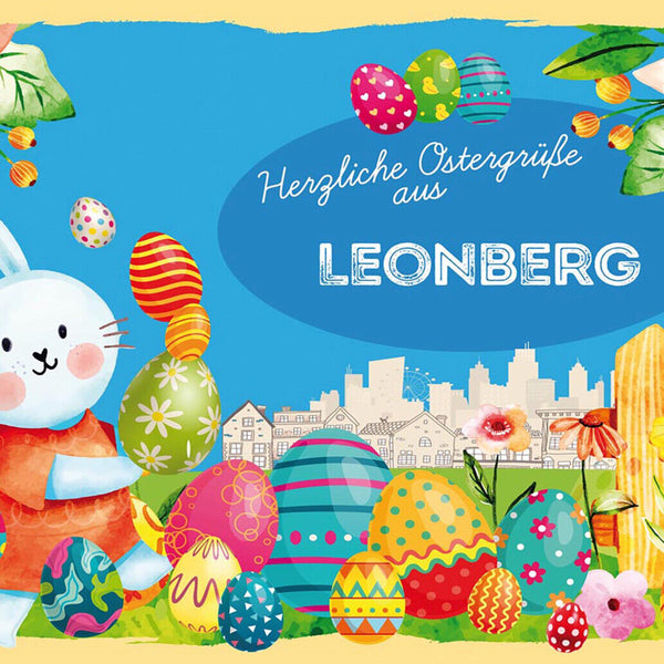Schild Spruch Herzliche Ostergrüße aus Leonberg Osterhase Eier Comic JW