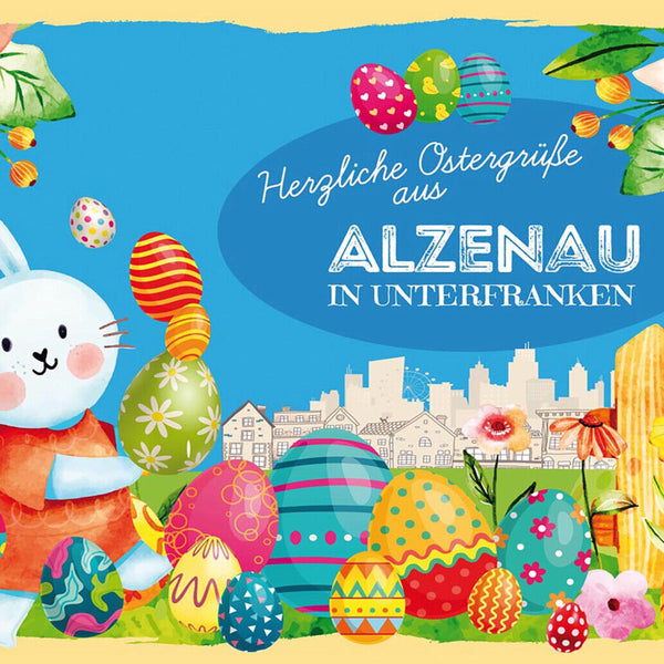 Schild Spruch Herzliche Ostergrüße aus Alzenau in Unterfranken Osterhase JW