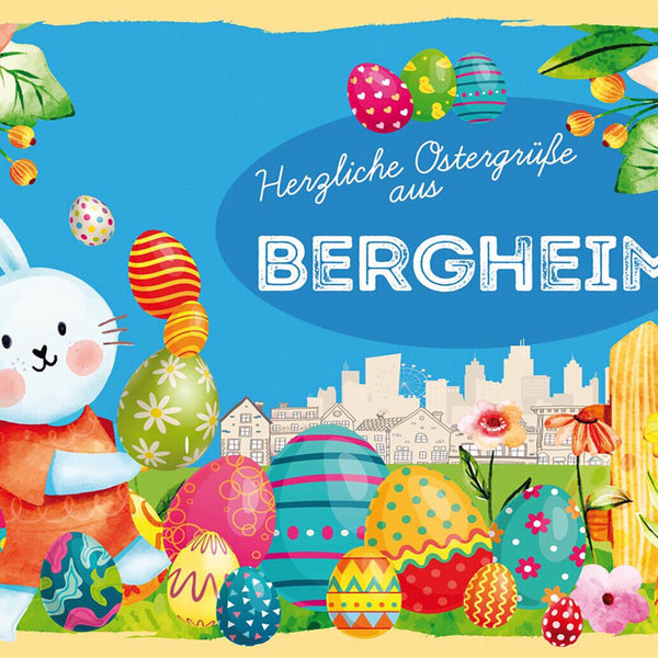 Schild Spruch Herzliche Ostergrüße aus Bergheim Osterhase Eier Comic JW