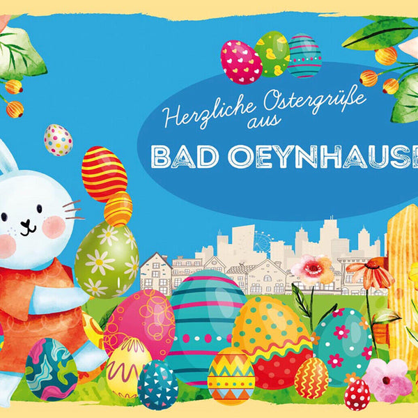 Schild Spruch Herzliche Ostergrüße aus Bad Oeynhausen Osterhase Eier Comic JW