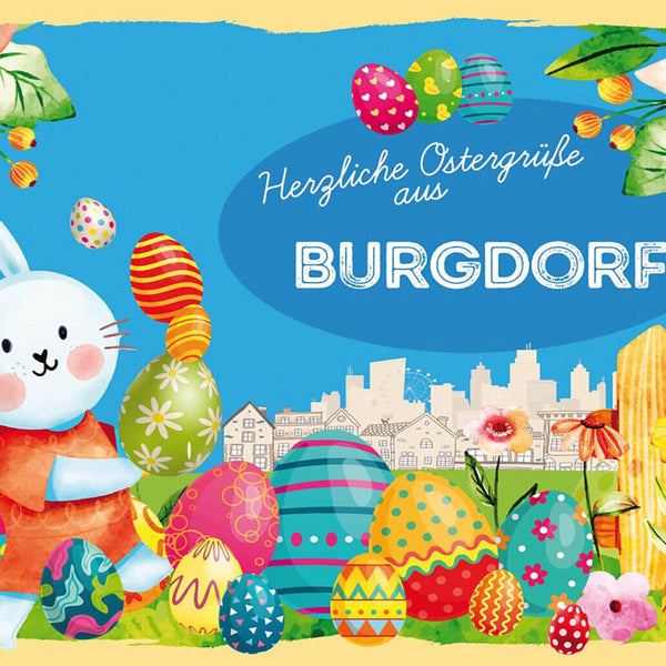 Schild Spruch Herzliche Ostergrüße aus Burgdorf Osterhase Eier Comic JW