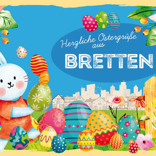 Schild Spruch Herzliche Ostergrüße aus Bretten Osterhase Eier Comic JW