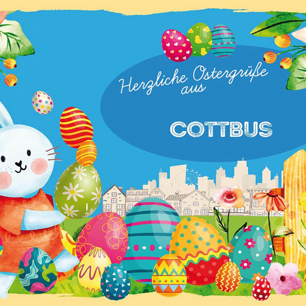 Schild Spruch Herzliche Ostergrüße aus Cottbus Osterhase Eier Comic JW