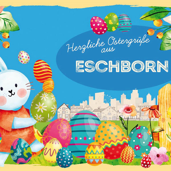 Schild Spruch Herzliche Ostergrüße aus Eschborn Osterhase Eier Comic JW