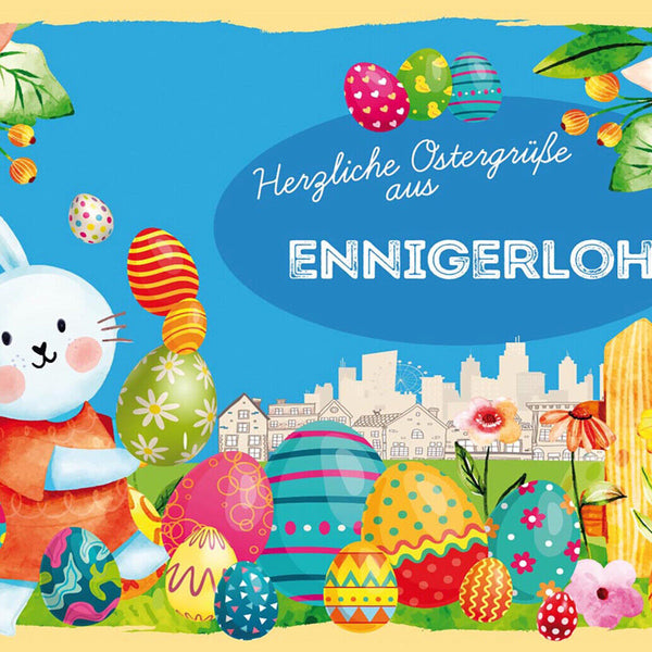 Schild Spruch Herzliche Ostergrüße aus Ennigerloh Osterhase Eier Comic JW