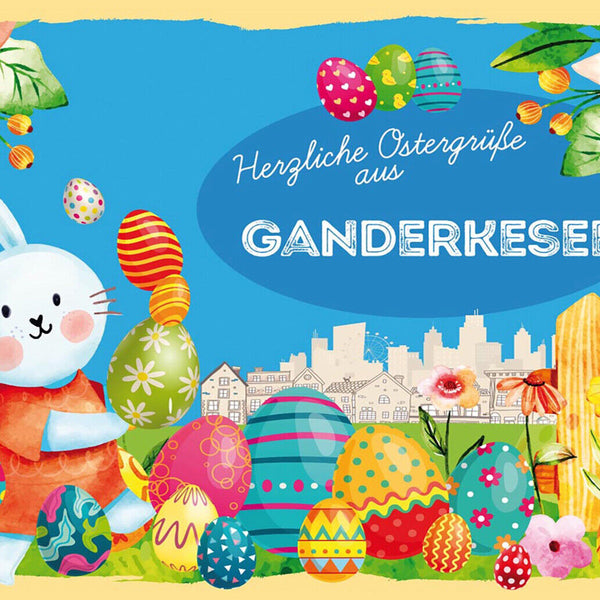 Schild Spruch Herzliche Ostergrüße aus Ganderkesee Osterhase Eier Comic JW