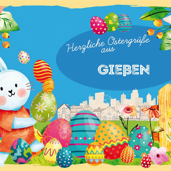Schild Spruch Herzliche Ostergrüße aus Gießen Osterhase Eier Comic JW