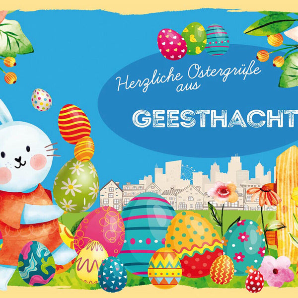 Schild Spruch Herzliche Ostergrüße aus Geesthacht Osterhase Eier Comic JW