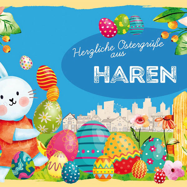 Schild Spruch Herzliche Ostergrüße aus Haren Osterhase Eier Comic JW