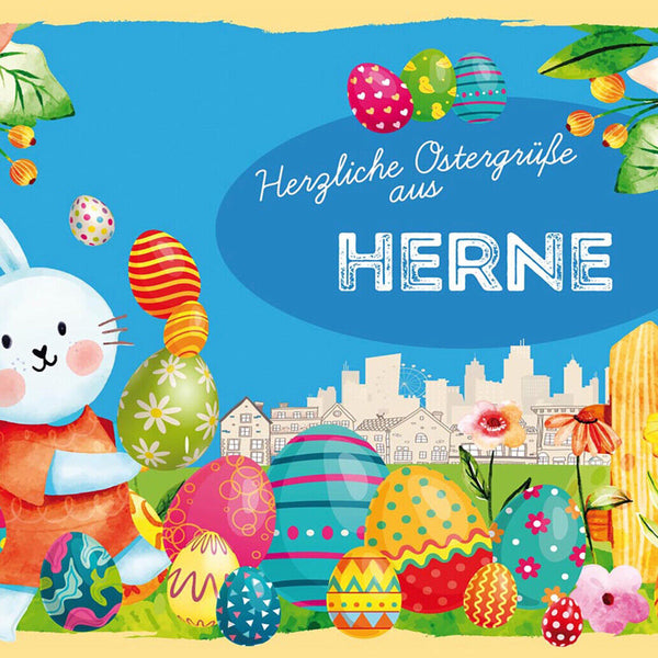 Schild Spruch Herzliche Ostergrüße aus Herne Osterhase Eier Comic JW