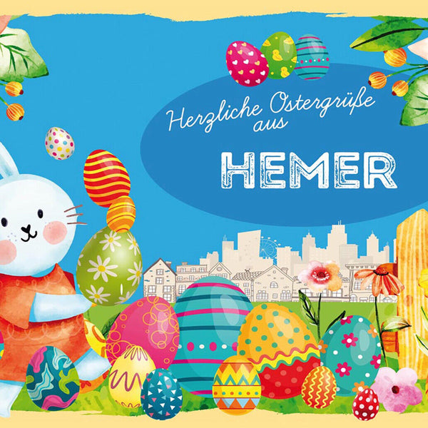 Schild Spruch Herzliche Ostergrüße aus Hemer Osterhase Eier Comic JW