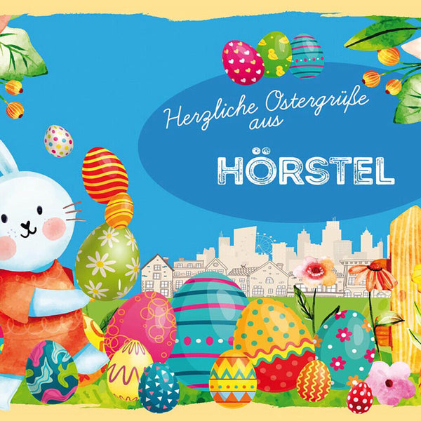 Schild Spruch Herzliche Ostergrüße aus Hörstel Osterhase Eier Comic JW