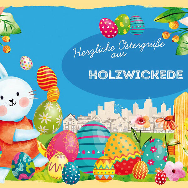 Schild Spruch Herzliche Ostergrüße aus Holzwickede Osterhase Eier Comic JW