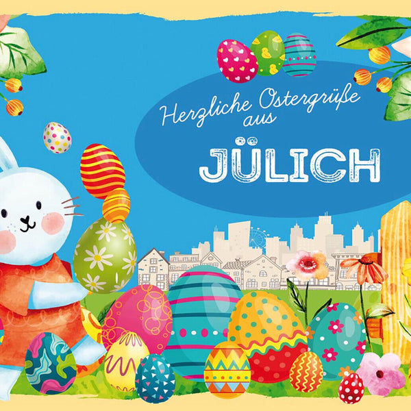 Schild Spruch Herzliche Ostergrüße aus Jülich Osterhase Eier Comic JW