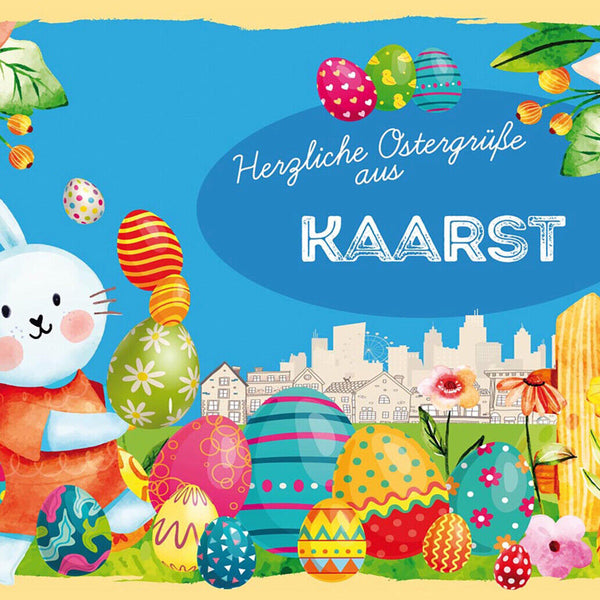 Schild Spruch Herzliche Ostergrüße aus Kaarst Osterhase Eier Comic JW