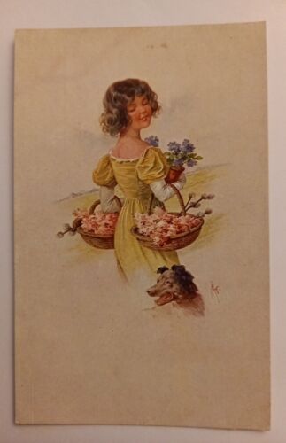 Korrespondenz Karte Frau mit Blumen und Hund 500059A gr D