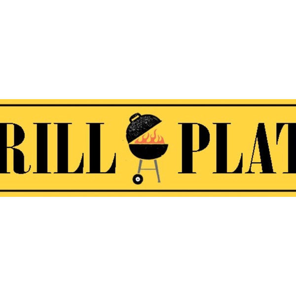 Schild Grill Platz Grillen Griller BBQ Fleisch Essen 46 x 10 Blech od. Holz