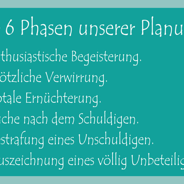 Schild Spruch Die 6 Phasen unserer Planung Begeisterung Verwirrung JW