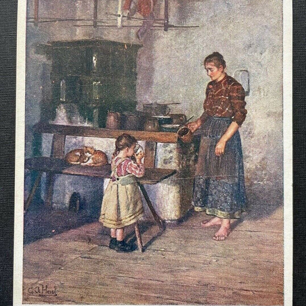 Malerei Beim Frühstück G.A.Hessl Mutter Kind Mädchen Kleid Küche Ofen 410784 TH