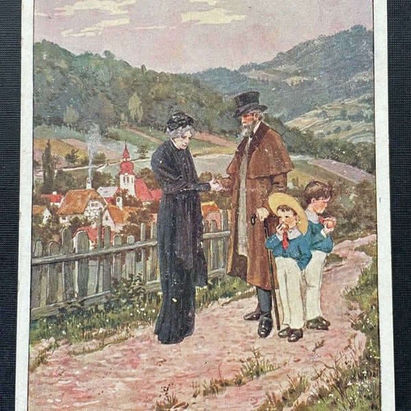 Malerei Der Waldgänger A.Stifter Mann Frau Kinder Aussicht Ortschaft 400348 TH