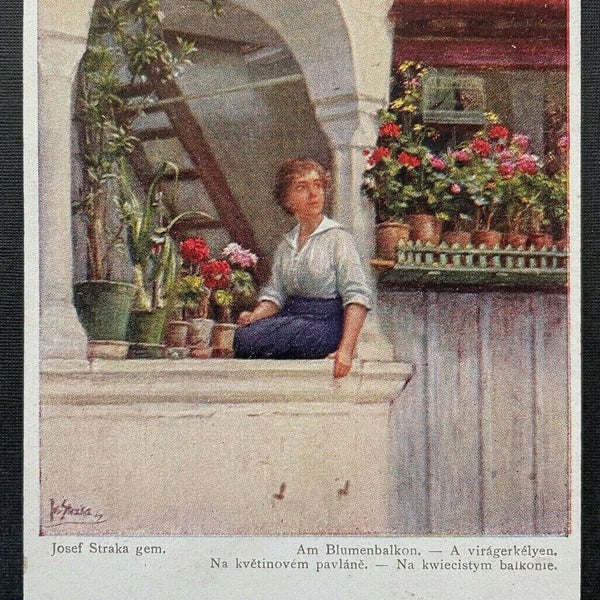 Malerei Am Blumenbalkon J.Straka Frau Blumenstock Bluse Rock Haus 410783 TH