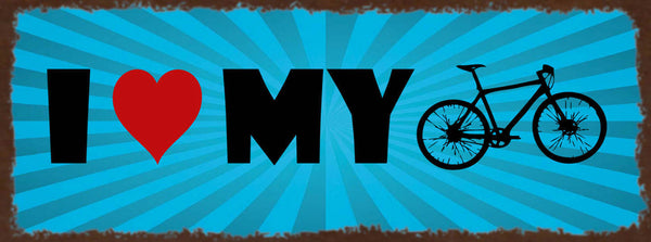 Schild I ❤️ My 🚲 Bike Fahrrad Rad Fahrer Hobby Sport 27x10 Blech od.Holz