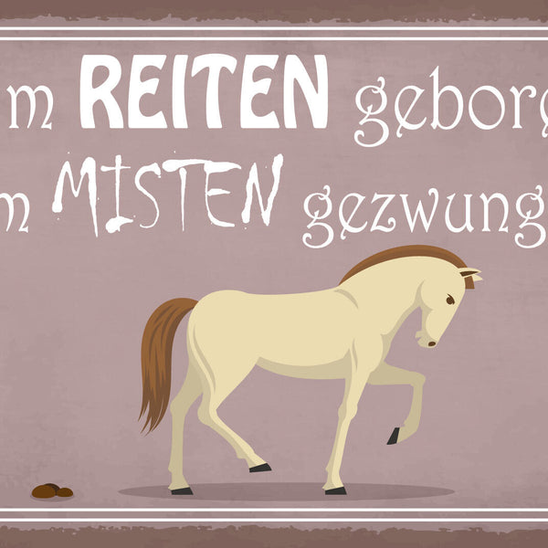 Schild Zum Reiten geboren Misten Pferd Stall 12x18 / 20x30 / 30x40 Blech od.Holz