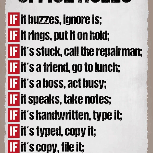 Schild Office Rules Büro Regeln Arbeit 12x18 / 20x30 / 30x40 Blech od. Holz