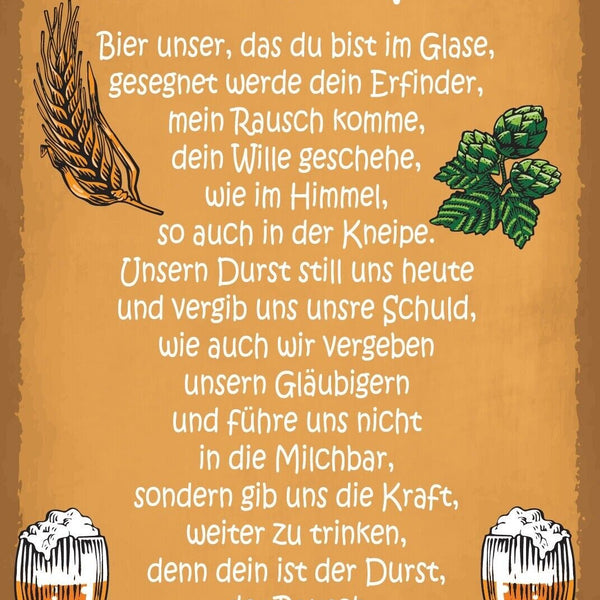 Schild Bier Unser Gebet Prost Glas Alkohol 12x18 / 20x30 / 30x40 Blech od. Holz
