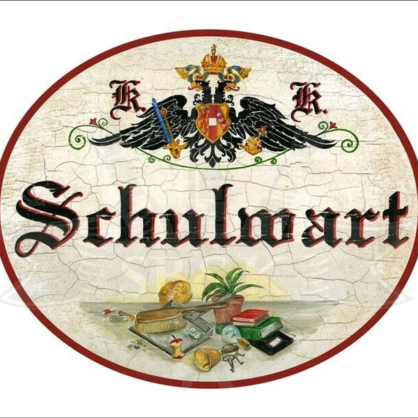 KuK Nostalgie Holzschild - Schulwart - Kehrschaufel Bücher Pflanze TH