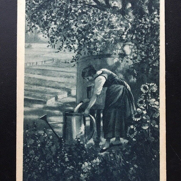 Frau mit Gießkanne - Garten Baum Sonnenblumen - Künstlerkarte 400227 TH