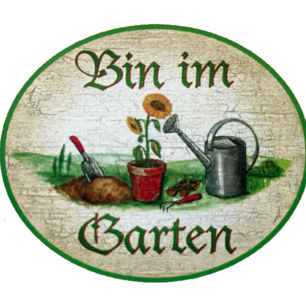 KuK Nostalgie Holzschild “Bin im Garten“ Gießkanne Schaufel Sonnenblume