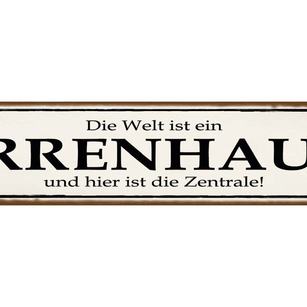Schild Welt Irrenhaus Zentrale Verrückt Psychiatrie Irre 46 x 10 Blech od. Holz