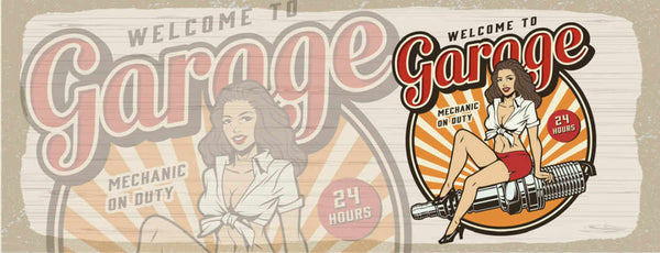Schild Welcome To The Garage Mechanic On Duty Frau Auto 27x10 Blech od.Holz