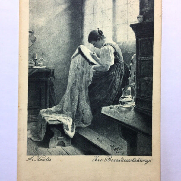 Zur Brautaustattung (A.Koester) - Frau näht Kleid - Künstlerkarte 50019 TH D